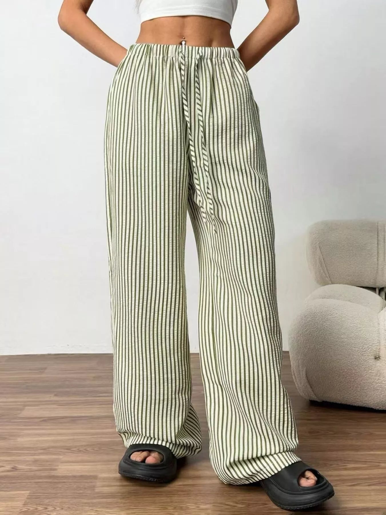 Full Size Striped Drawstring Waist Wide Leg Pants Plus Size