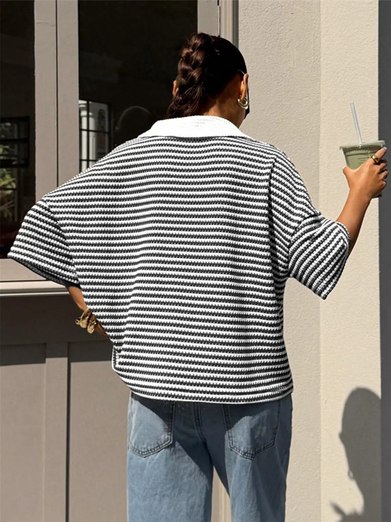 Striped Knit 3/4 Sleeve Polo Top