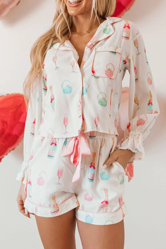 Bow Printed Collared Neck Top and Drawstring Shorts Lounge Set