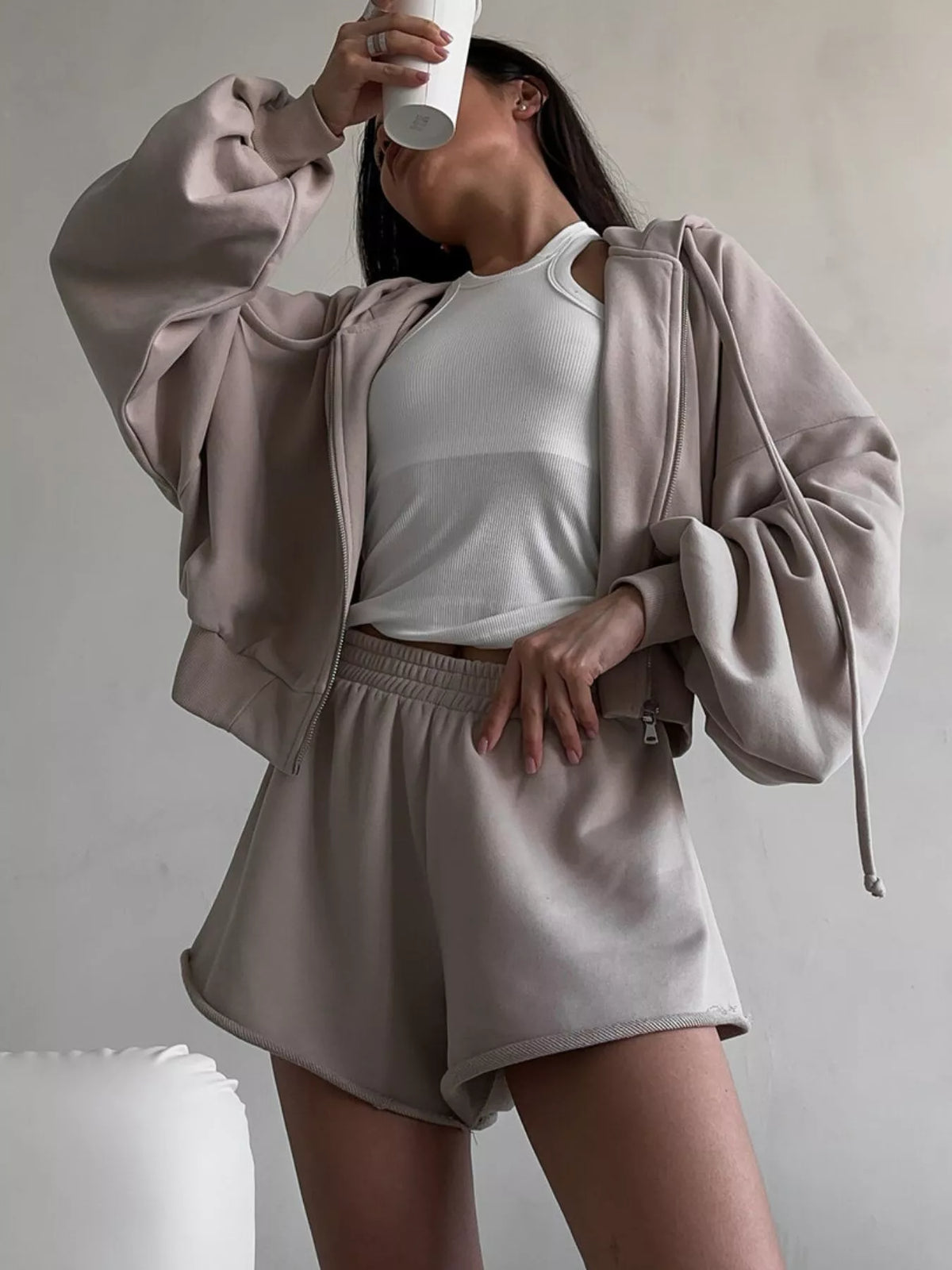 Oversized Zip-Up Hoodie and Shorts Set