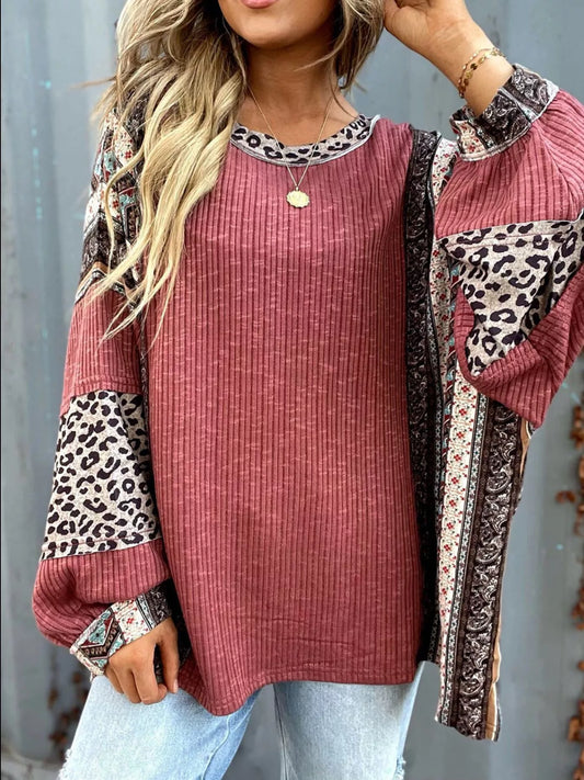 Leopard Color Block Ribbed Top