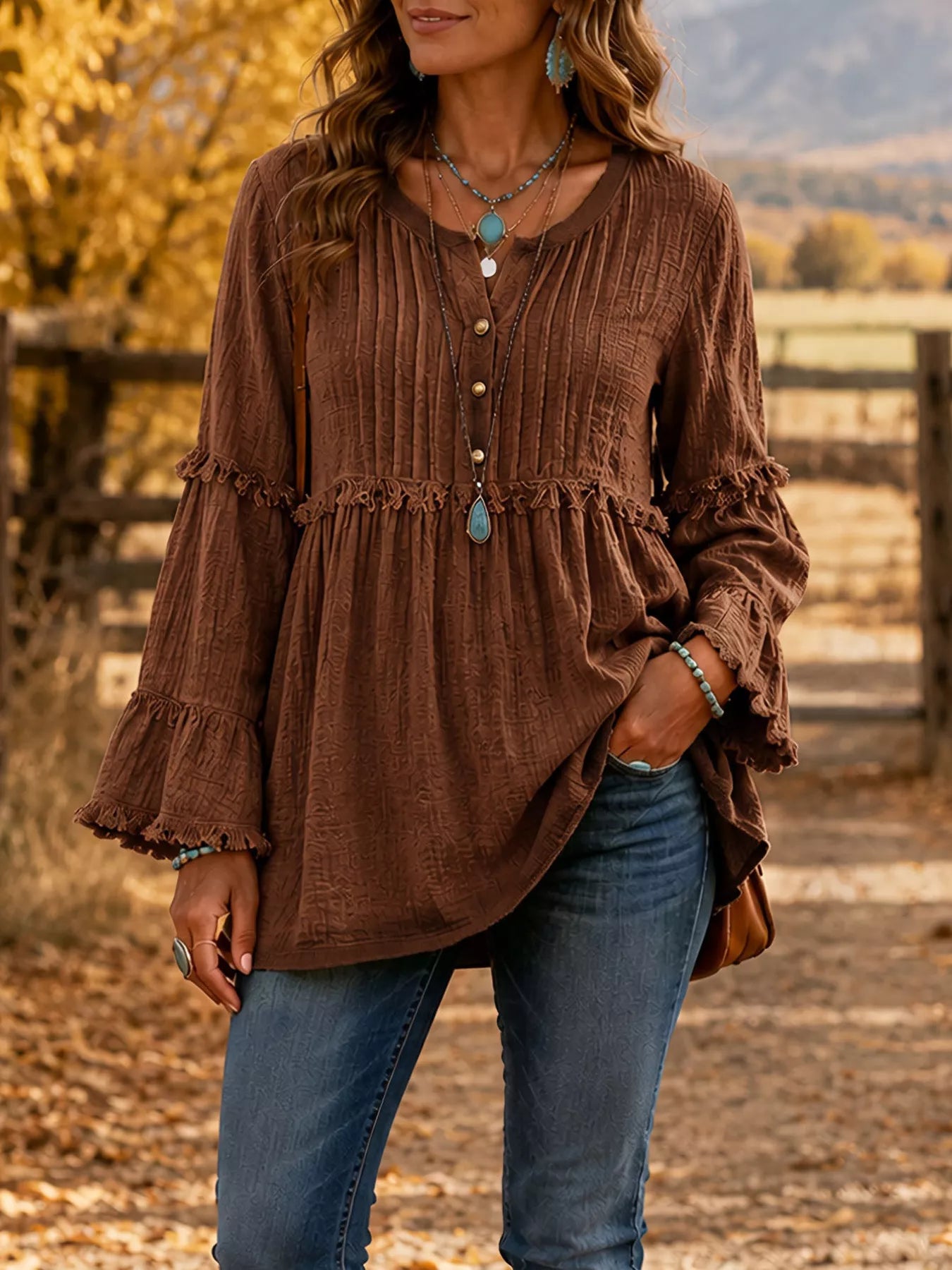 Full Size Frill Notched Long Sleeve Blouse Plus Size