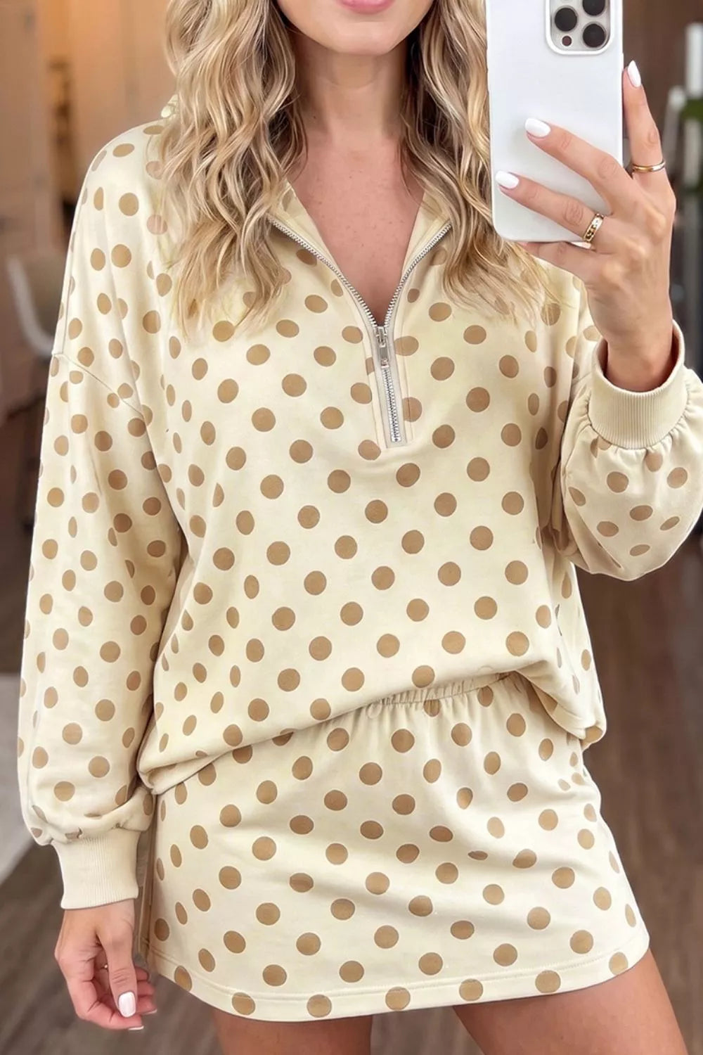 Polka Dot Quarter Zip Sweatshirt and Shorts Set