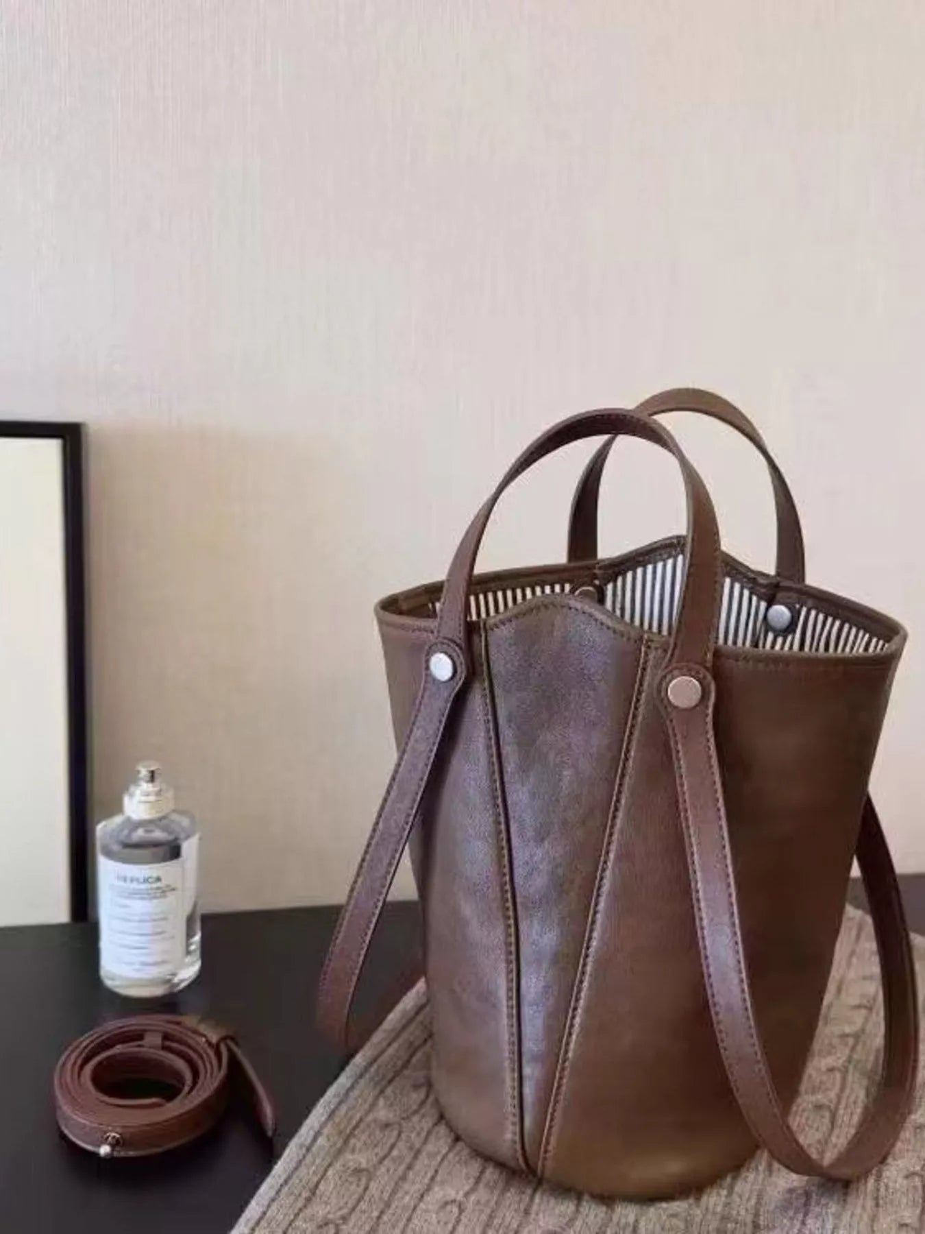 Leather Bucket Tote Bag