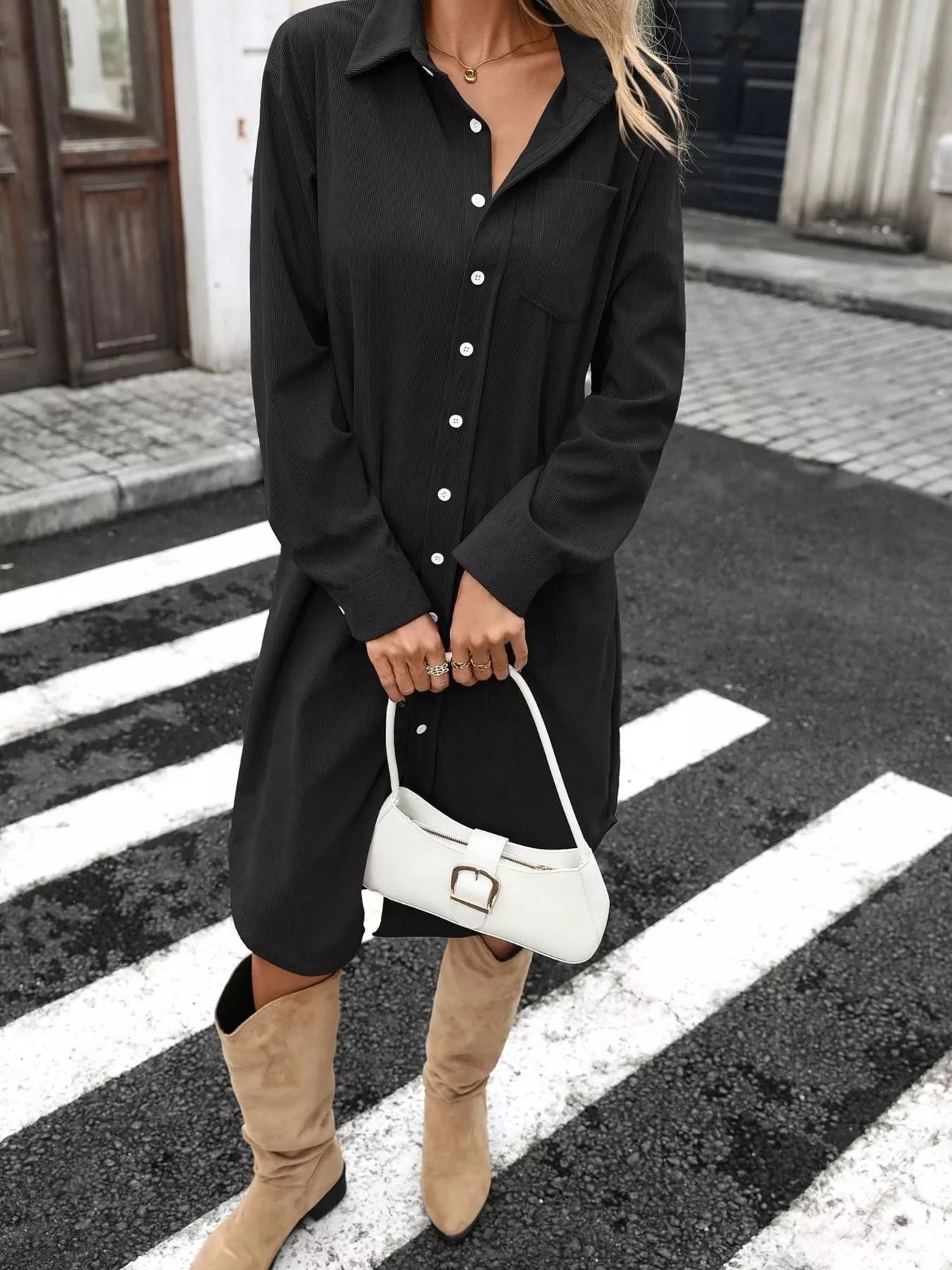 Corduroy Shirt Dress with Button-Down Front