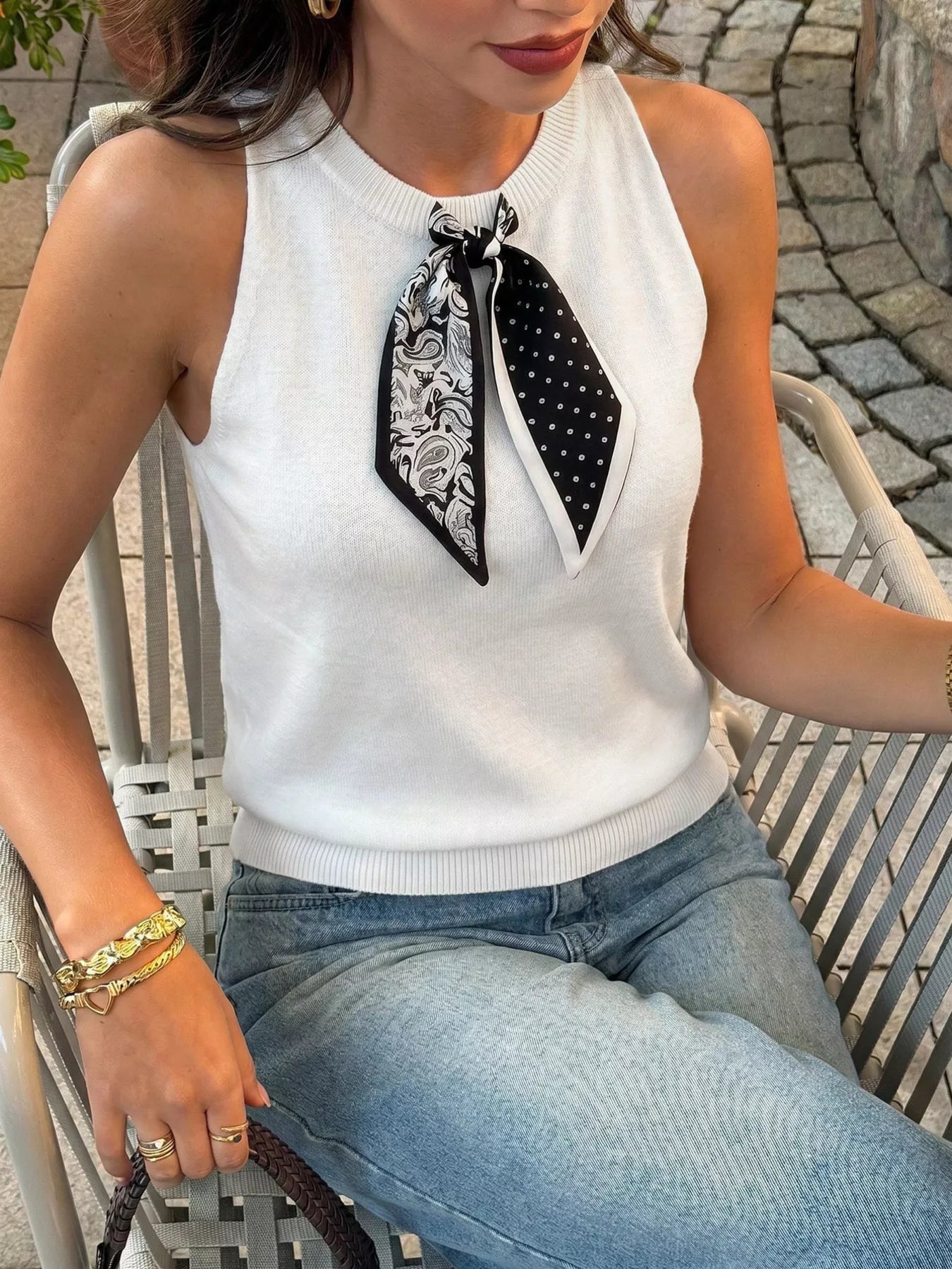 Scarf Detail Round Neck Tank