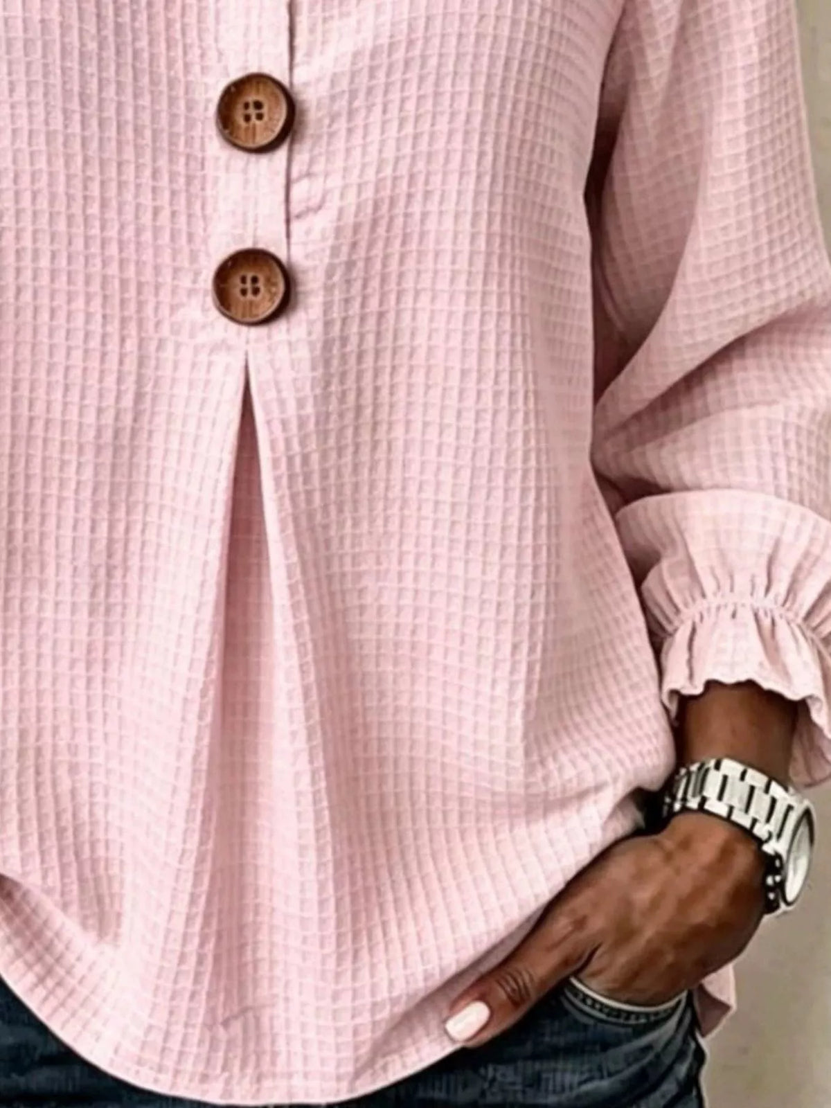 Full Size Waffle Knit Flounce Sleeve Blouse Plus Size