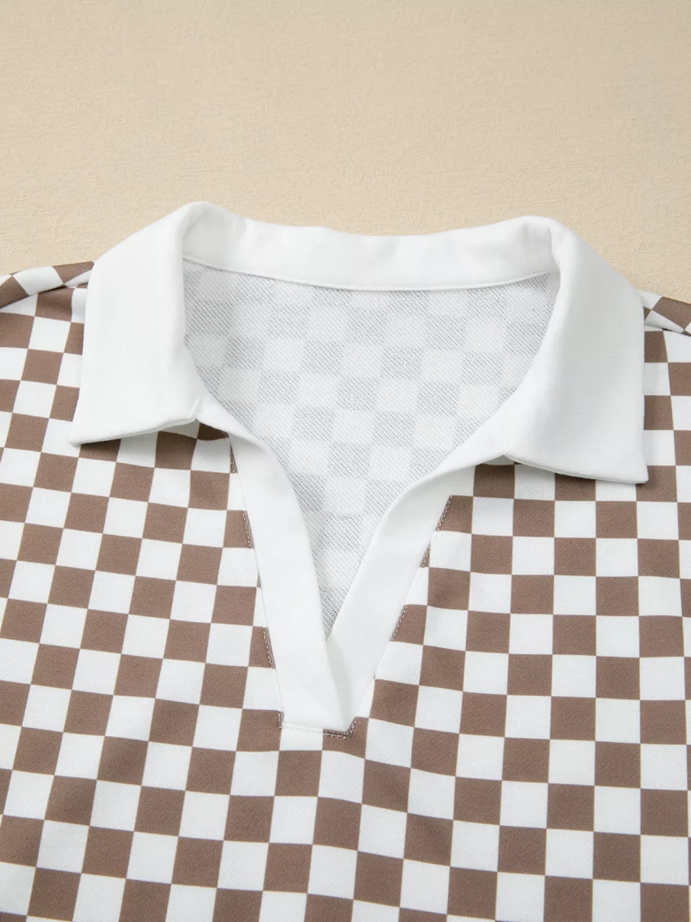 Checkered Print Polo Collar Cropped Long Sleeve Top and Drawstring Mini Skirt Set