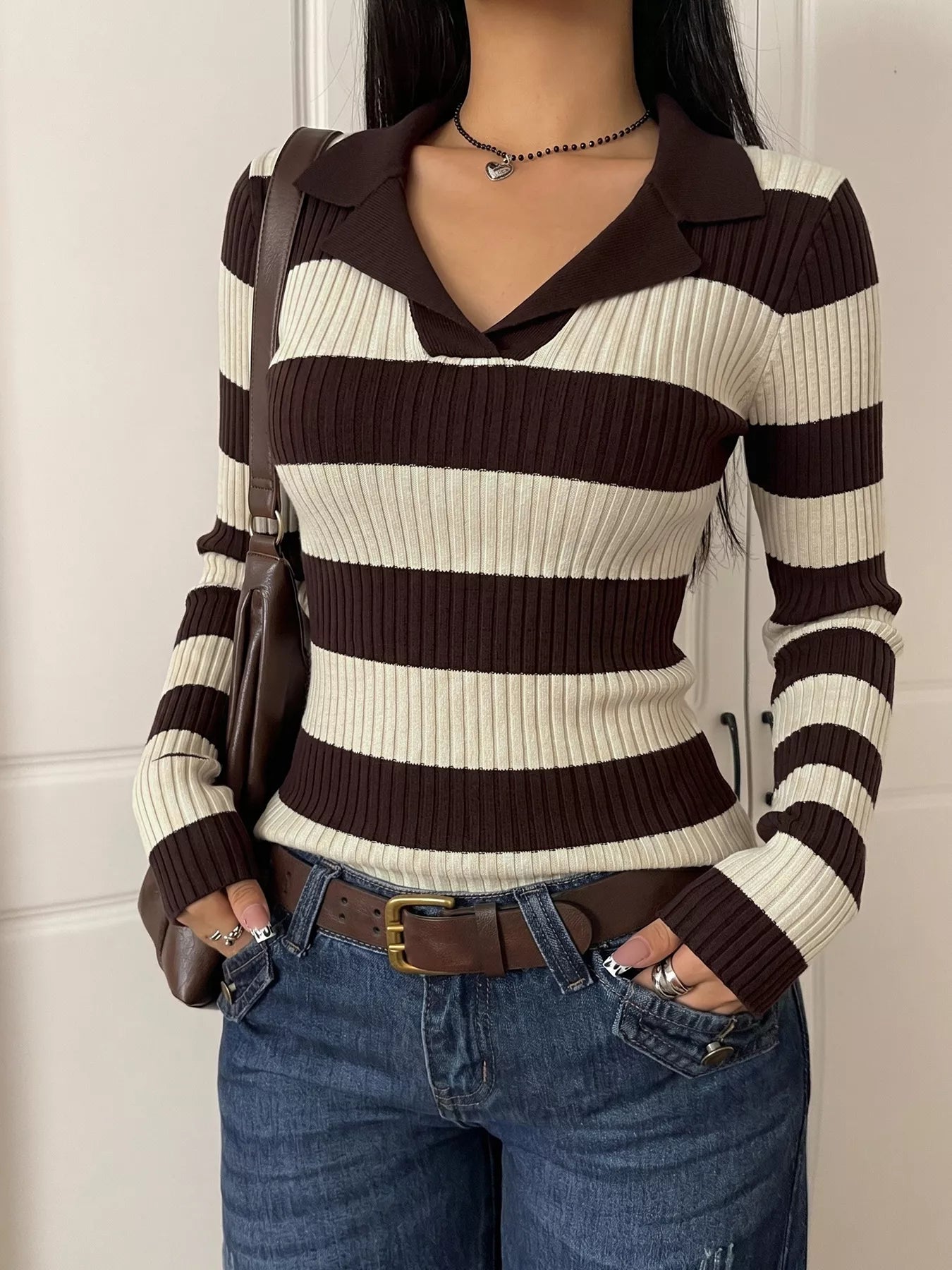 Striped Ribbed Knit Long Sleeve Sweater
