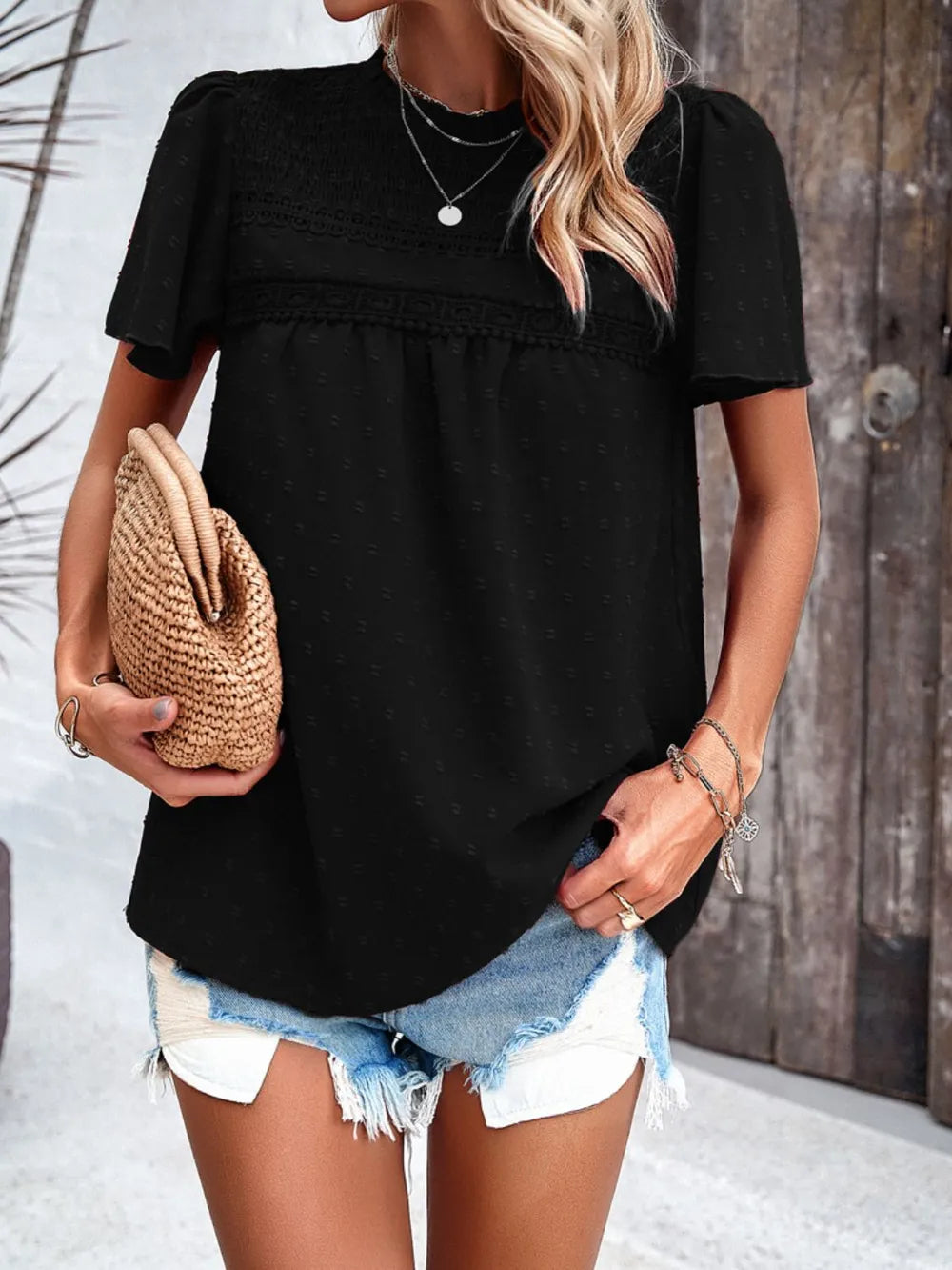 Devine Swiss Dot Smocked Round Neck Short Sleeve Blouse