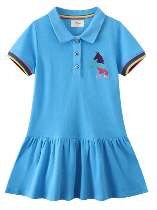 Children's Unicorn Embroidered Ruffled Polo Dress
