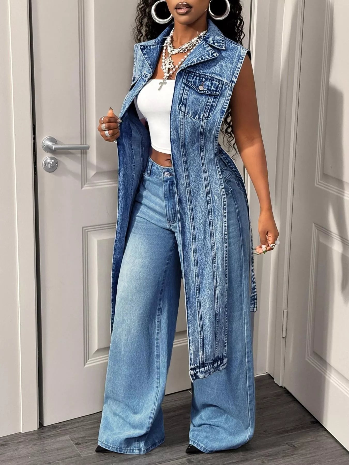 High-Low Open Front Denim Vest