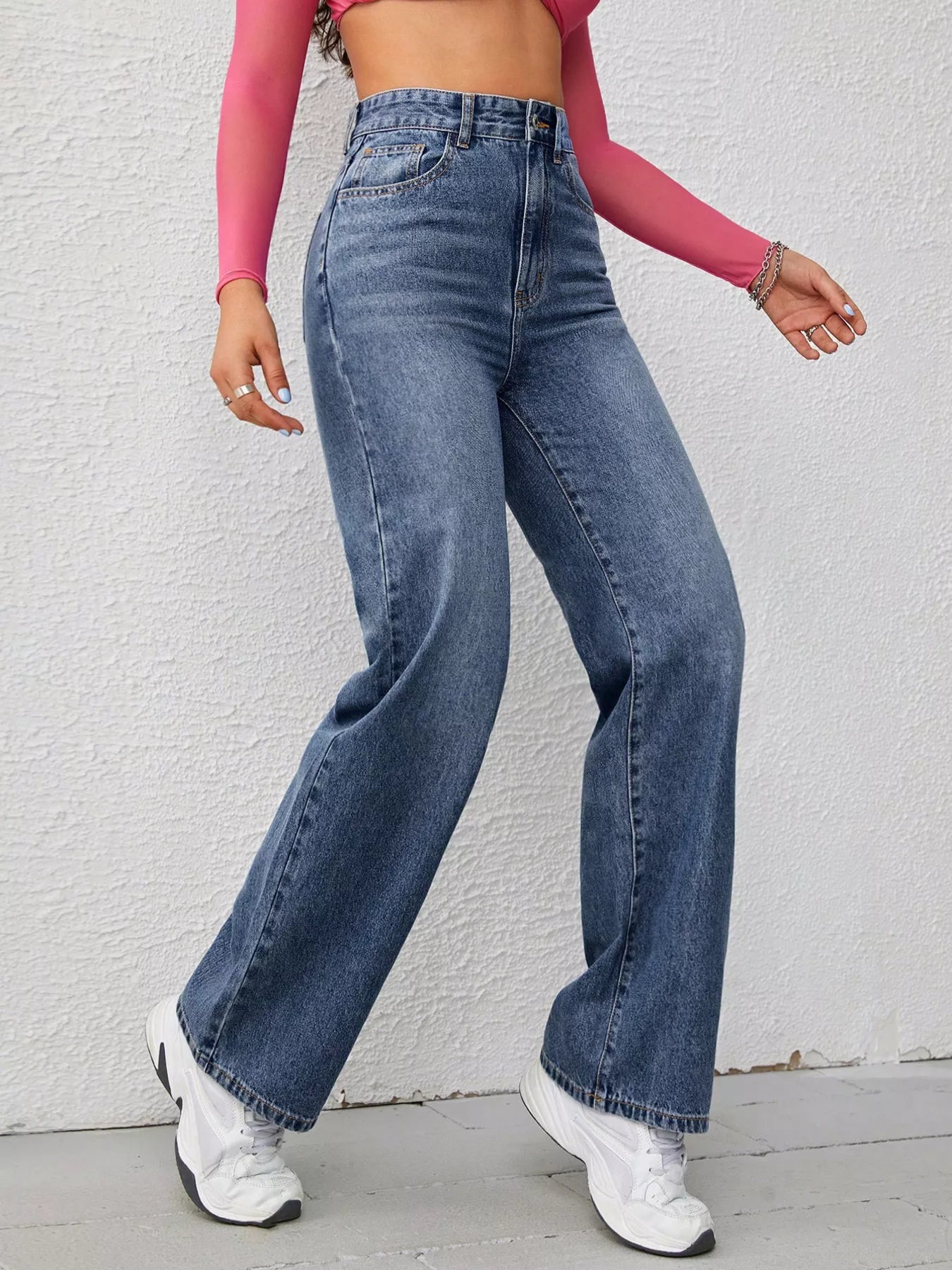 High-Waisted Wide-Leg Washed Jeans