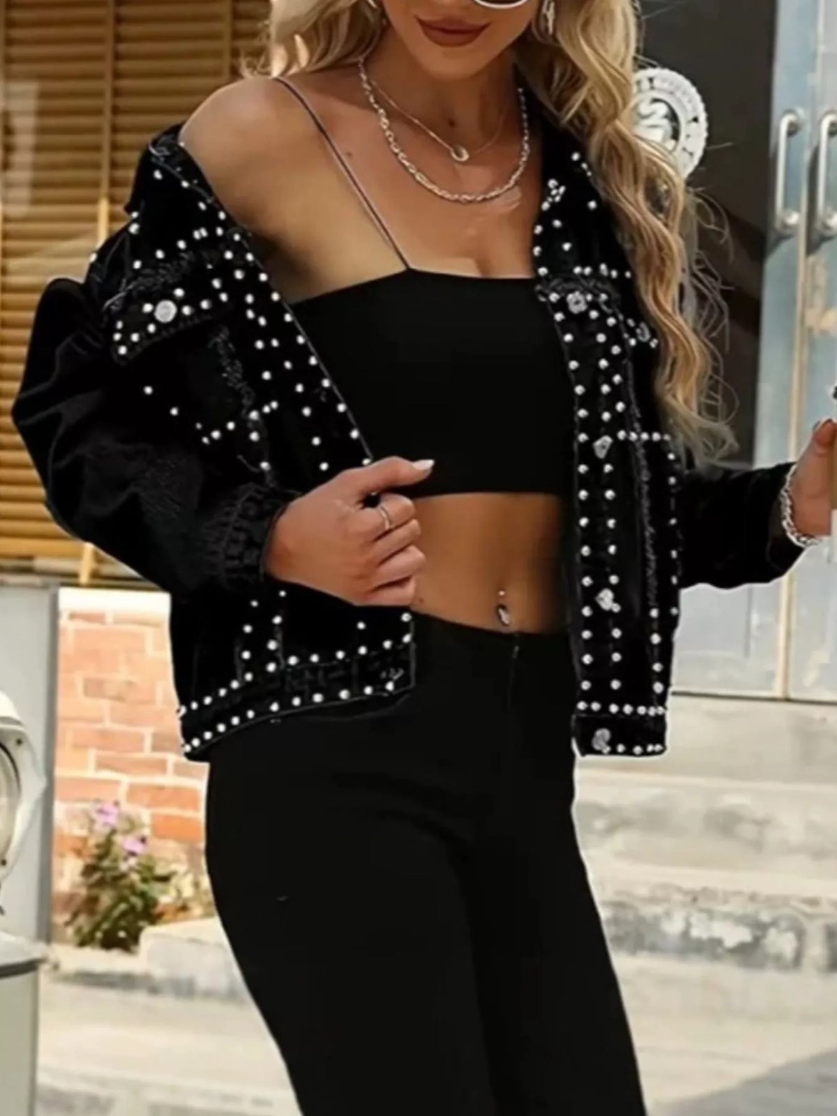 Full Size Studded Button Up Denim Jacket Plus Size