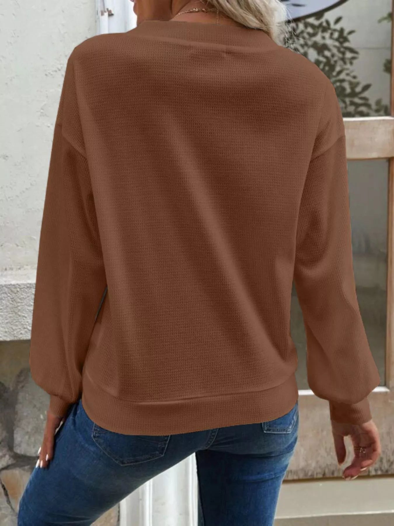 Casual V-Neck Waffle Long Sleeve Top