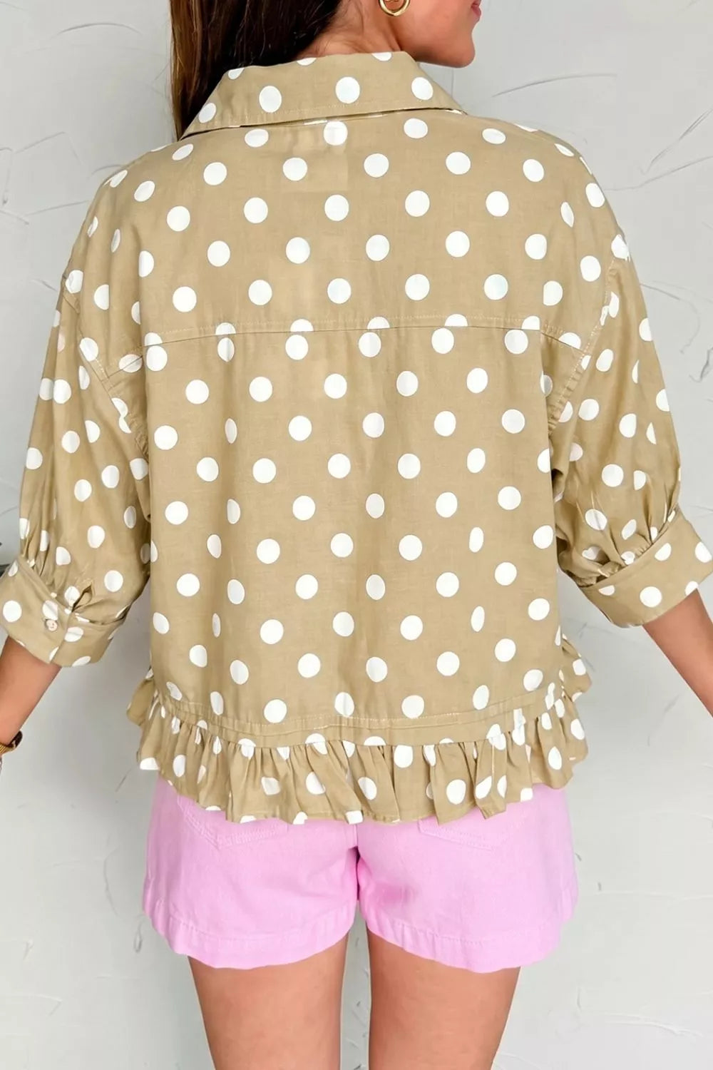 Polka Dot Print Three‑Quarter‑Sleeve Ruffle Hem Casual Shirt