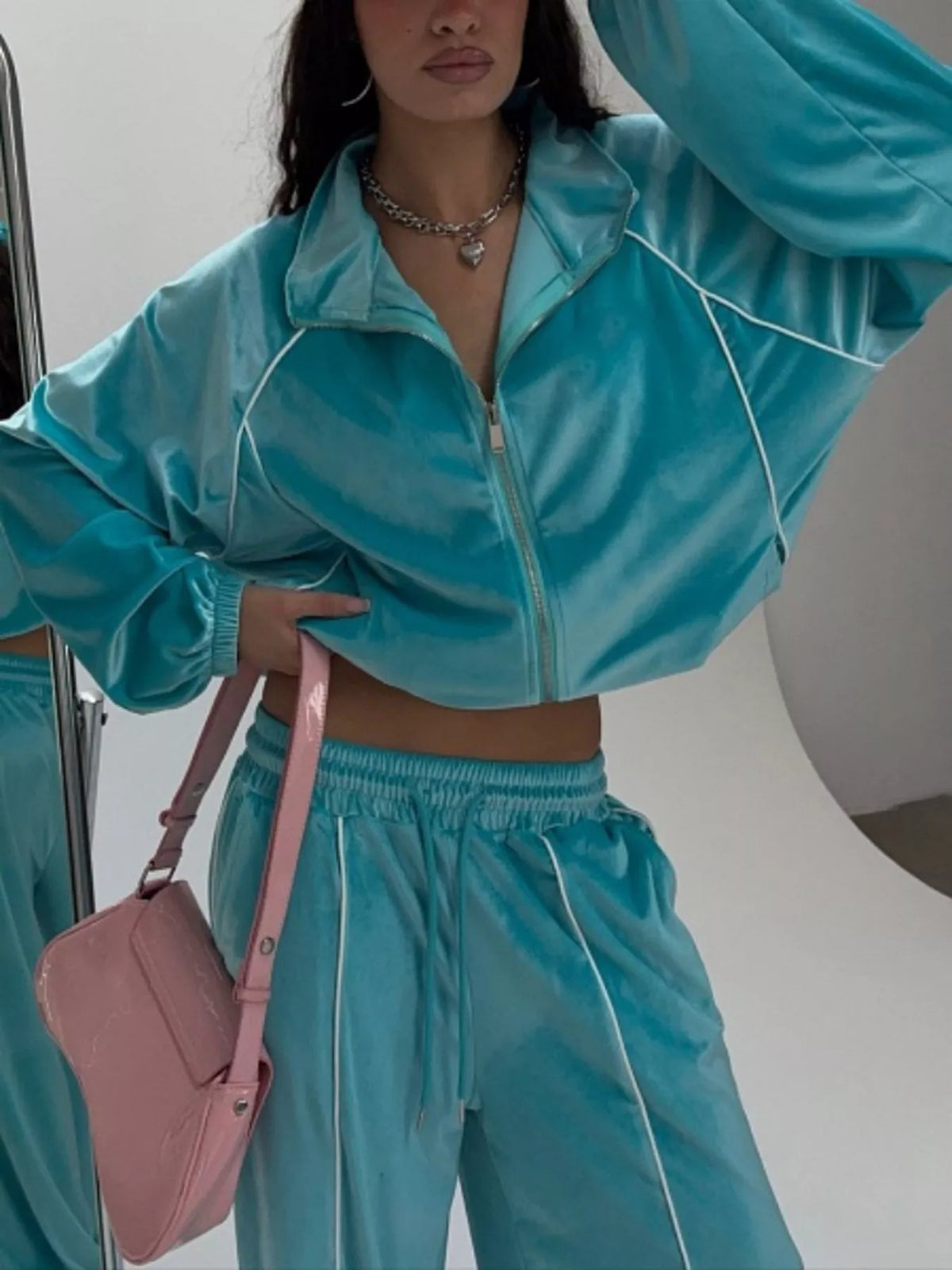 Zip Up Long Sleeve Top and Pants Set