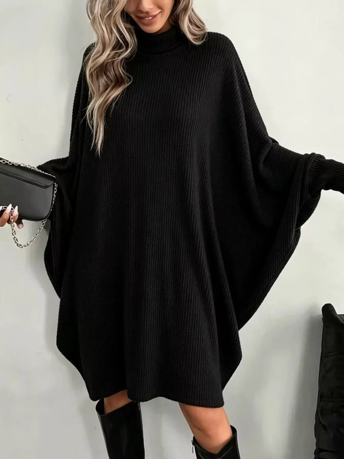 Oversized Batwing Sleeve Ribbed Knit Turtleneck Dress