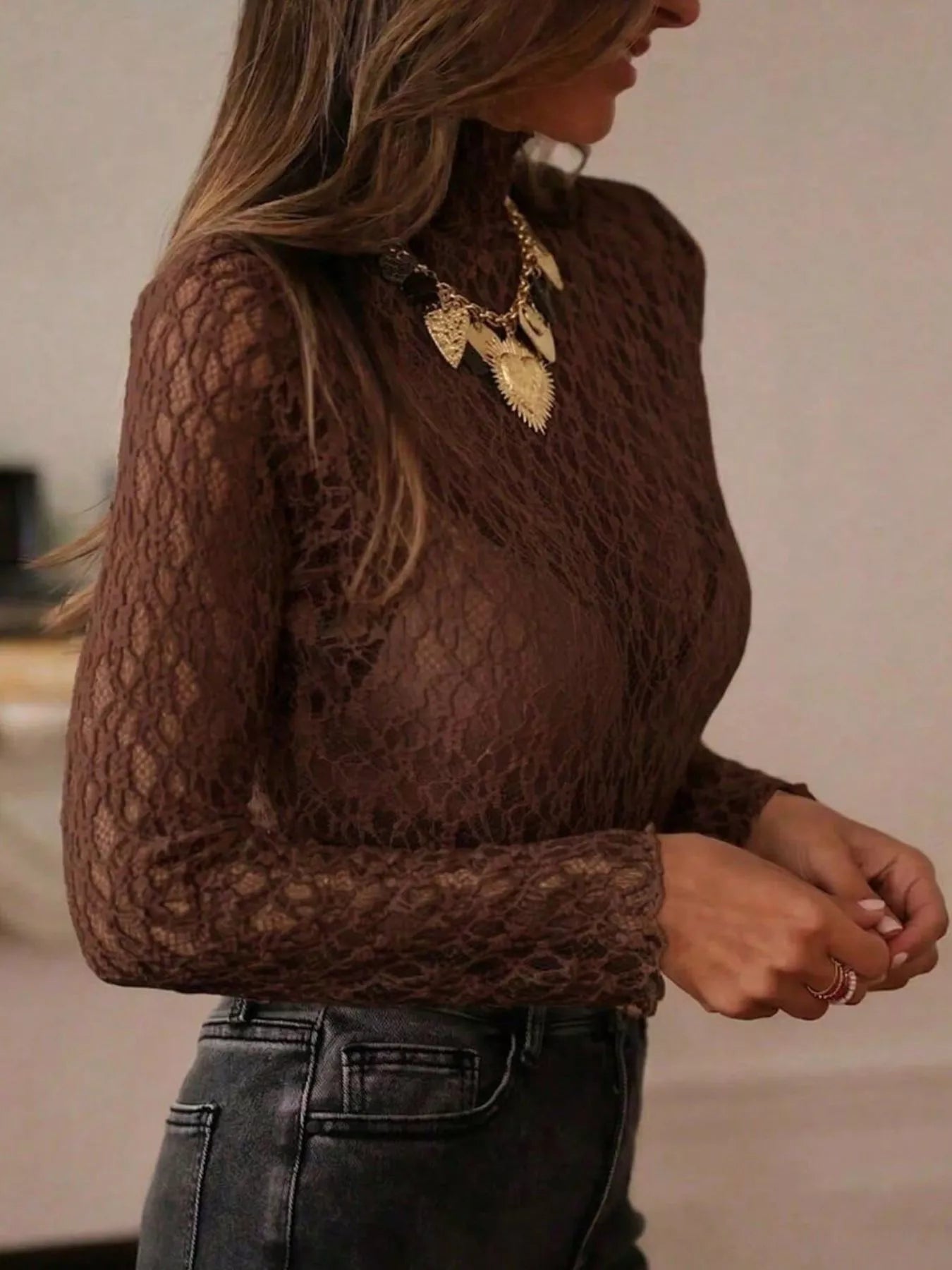 Mock Neck Sheer Lace Long Sleeve Top