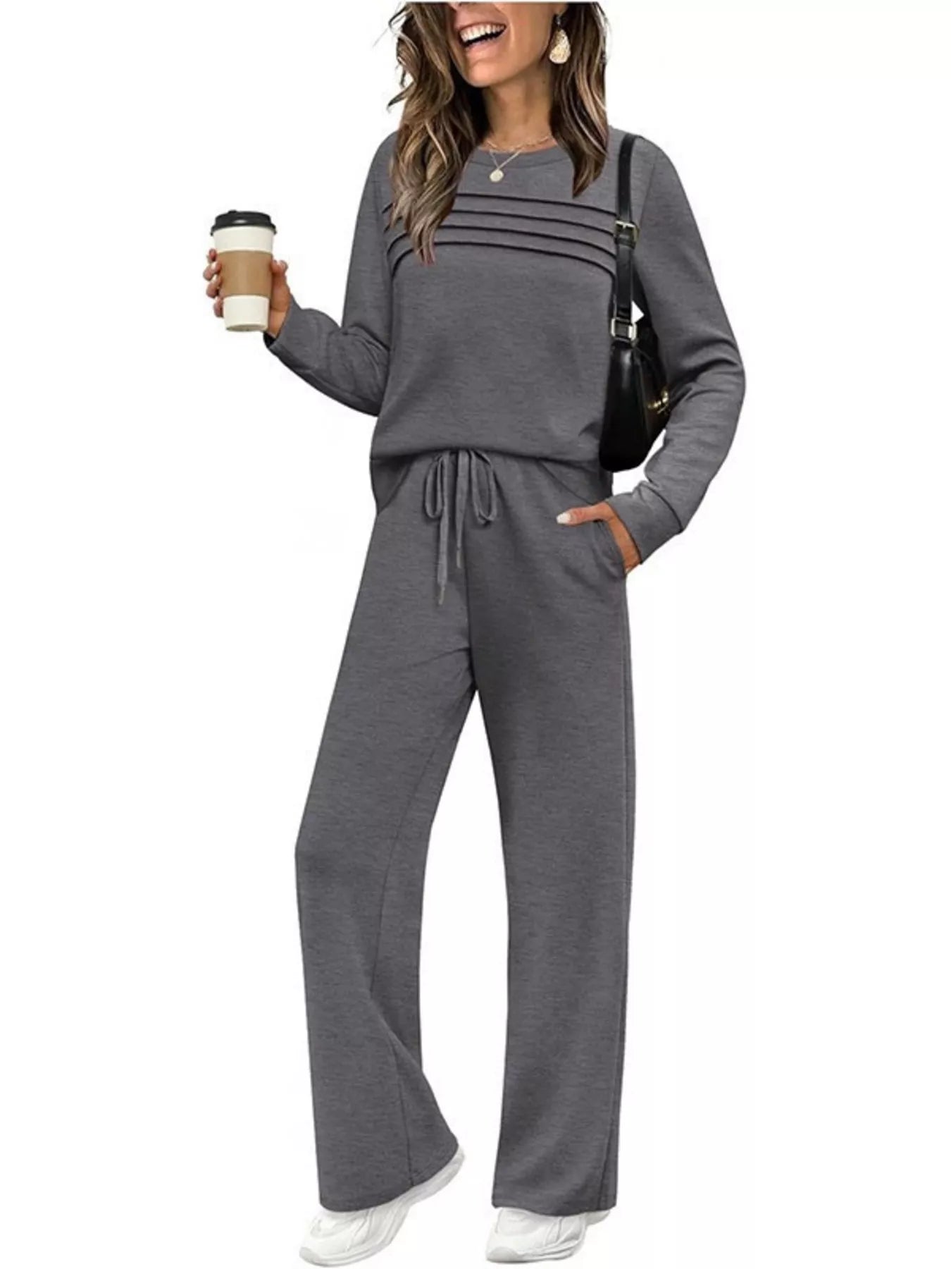 Full Size Long Sleeve Round Neck Top and Pants Set Plus Size