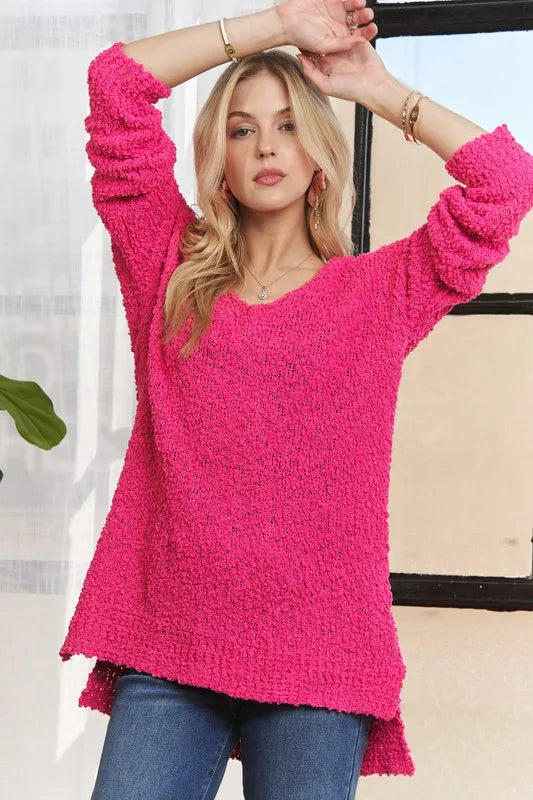 ADORA High-Low Side Slit V-Neck Sweater