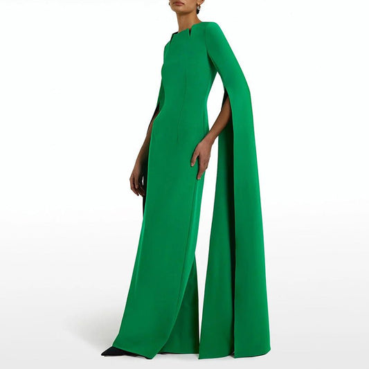 Cape Sleeve Evening Gown | Scalloped Neck Fitted Maxi Dress with Back Slit(MS217)