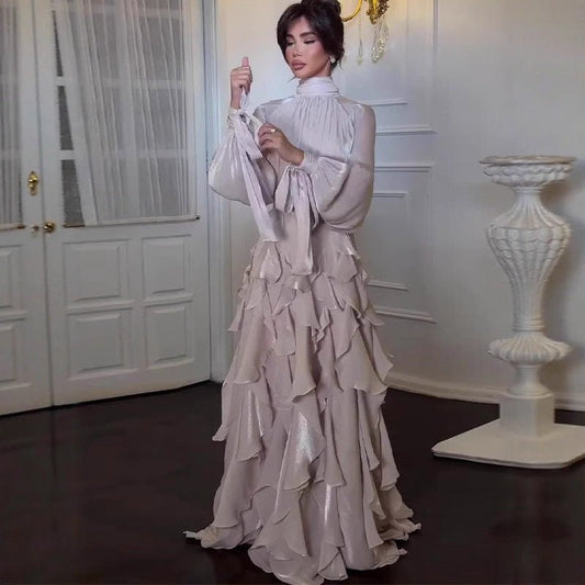 Cascading Ruffle Gown | High Neck Tie-Waist Maxi Dress(MS231)