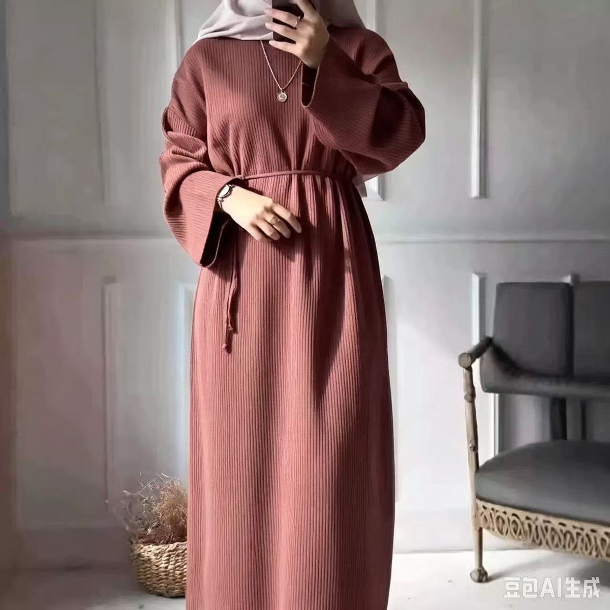 Casual Knitted Modest Dress with Flared Sleeves - Muslim-Friendly Crew Neck Pullover Maxi Dress with Belt(MS104)