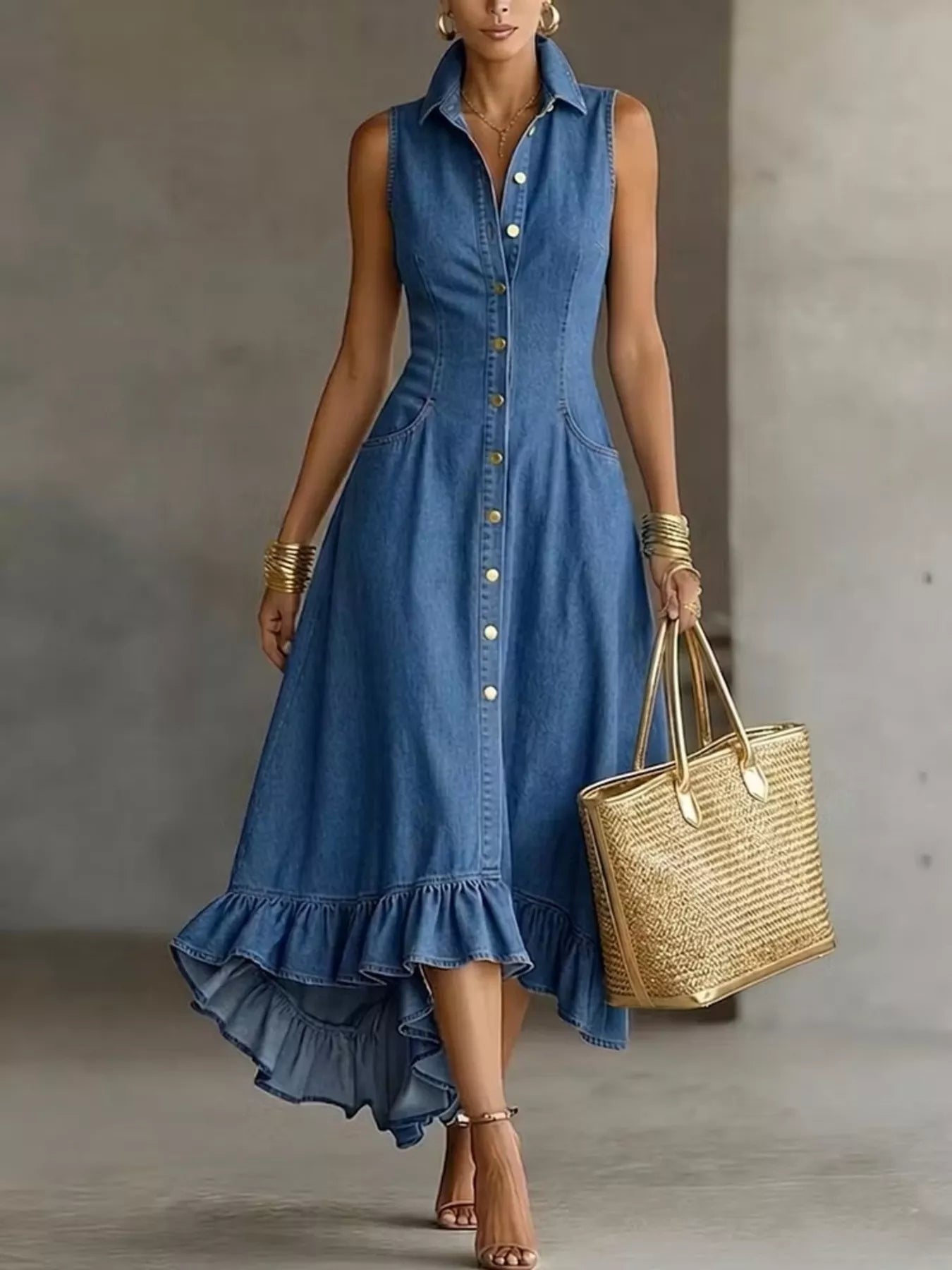 Full Size Sleeveless Ruffled Hem Denim Dress Plus Size