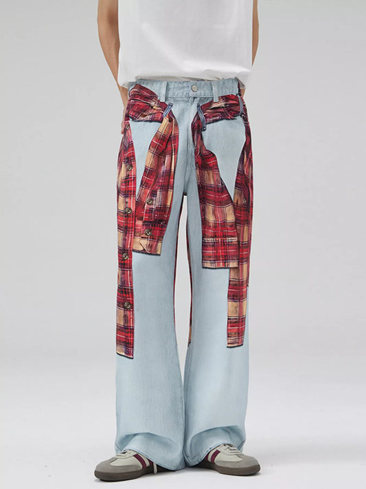 Men's Full Size Plaid Patchwork Wide Leg Jeans Plus Size