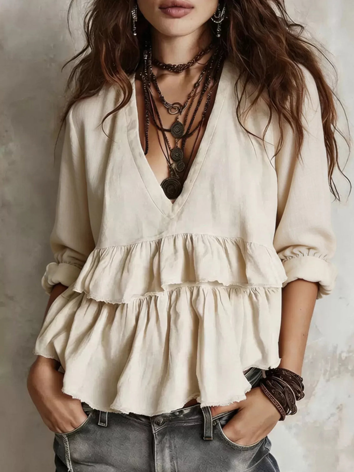 Full Size Ruffled Hem V-Neck Blouse Plus Size