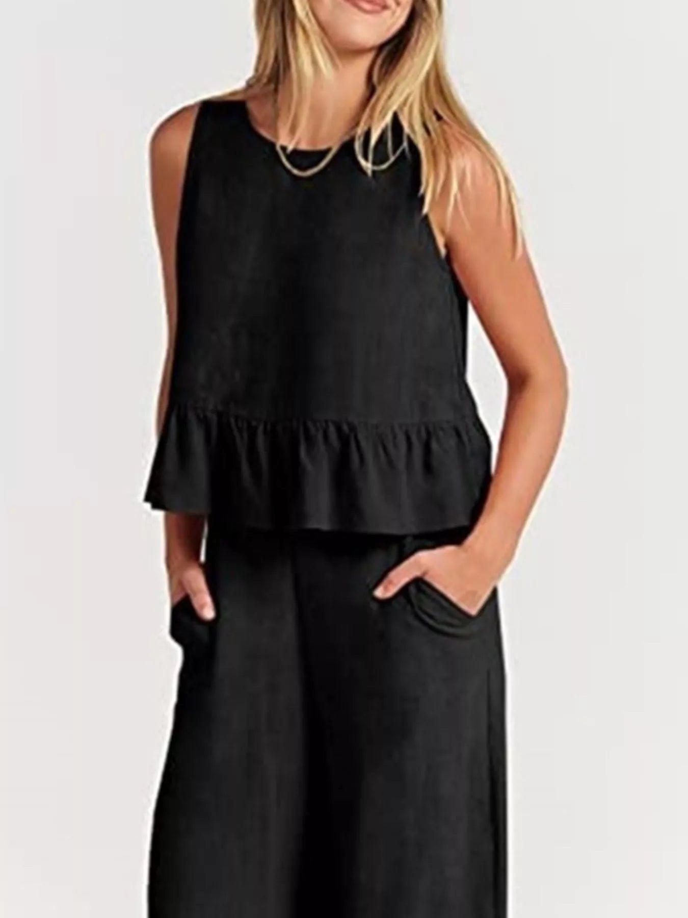 Full Size Ruffled Hem Sleeveless Top and Wide-Leg Pants Set Plus Size