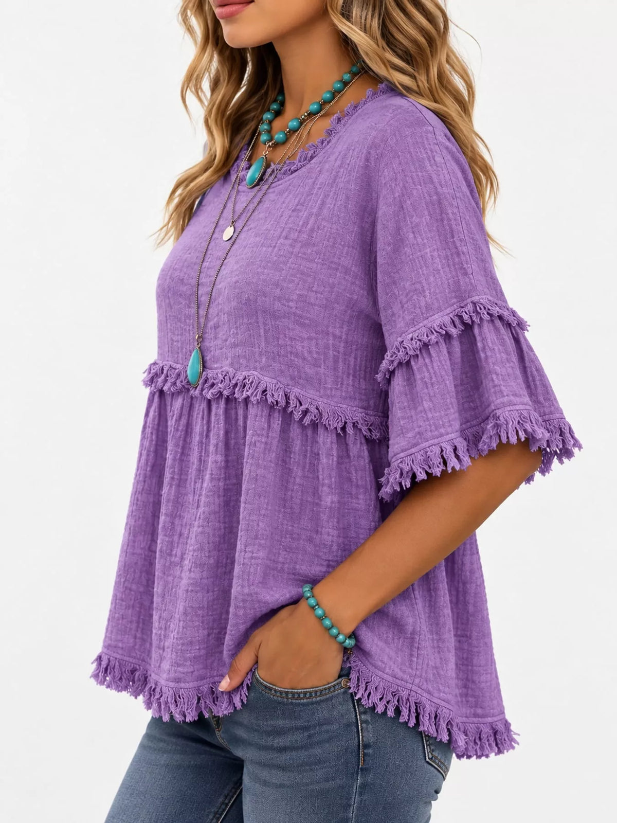 Full Size Frayed Edge Textured Blouse Plus Size