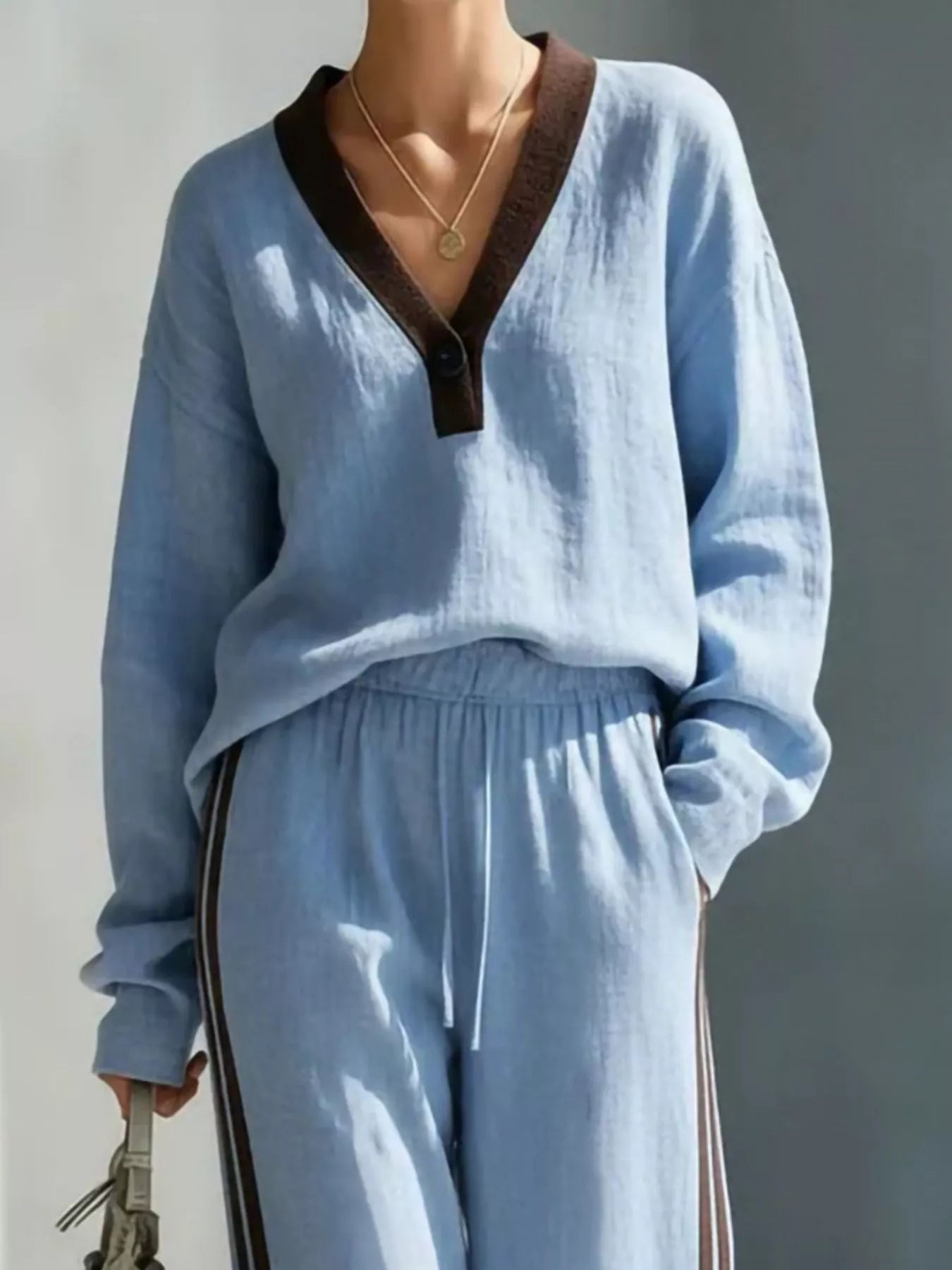 Contrast V-Neck Top and Striped Pants Set