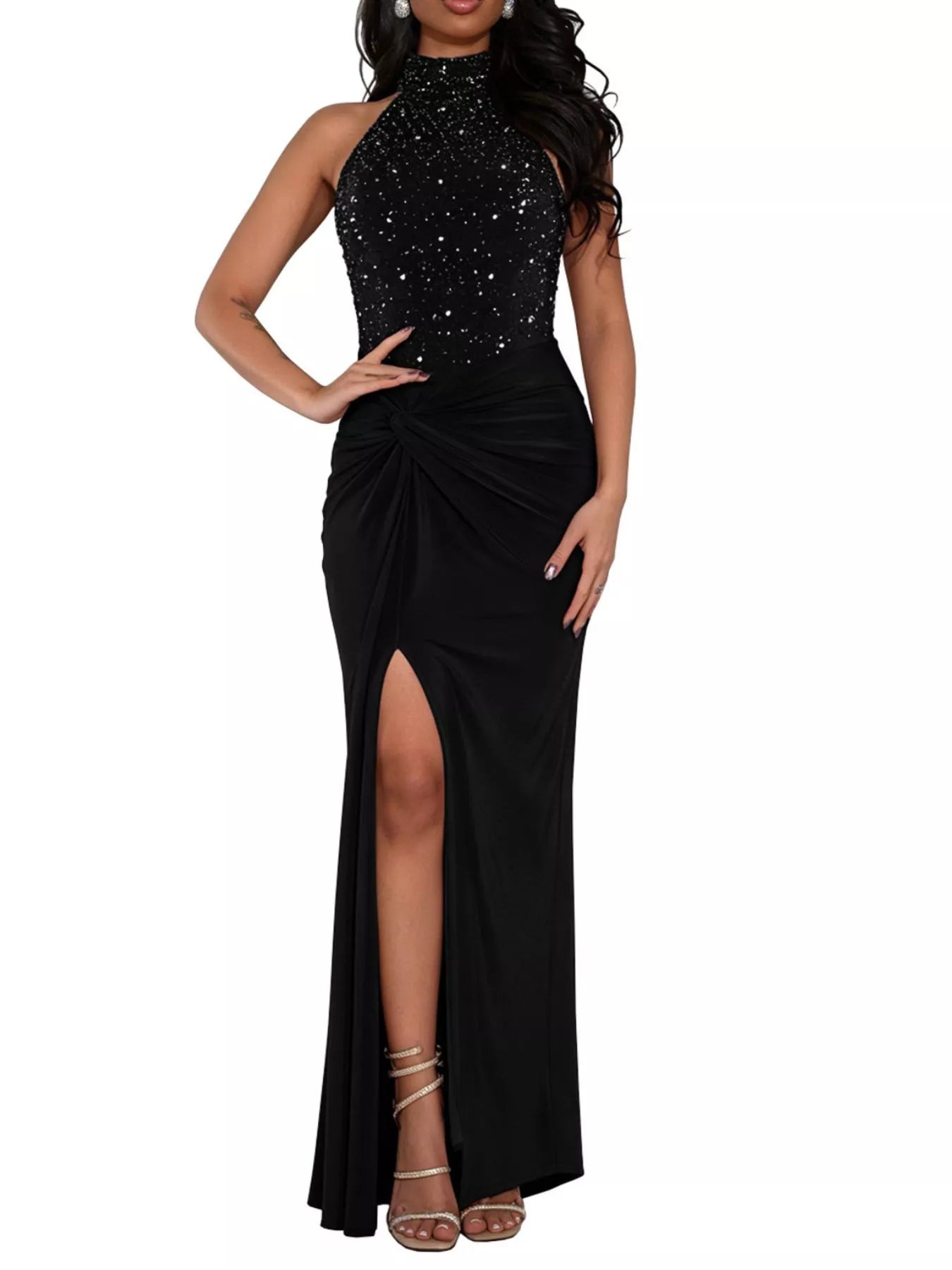 Slit Rhinestone Sleeveless Maxi Dress