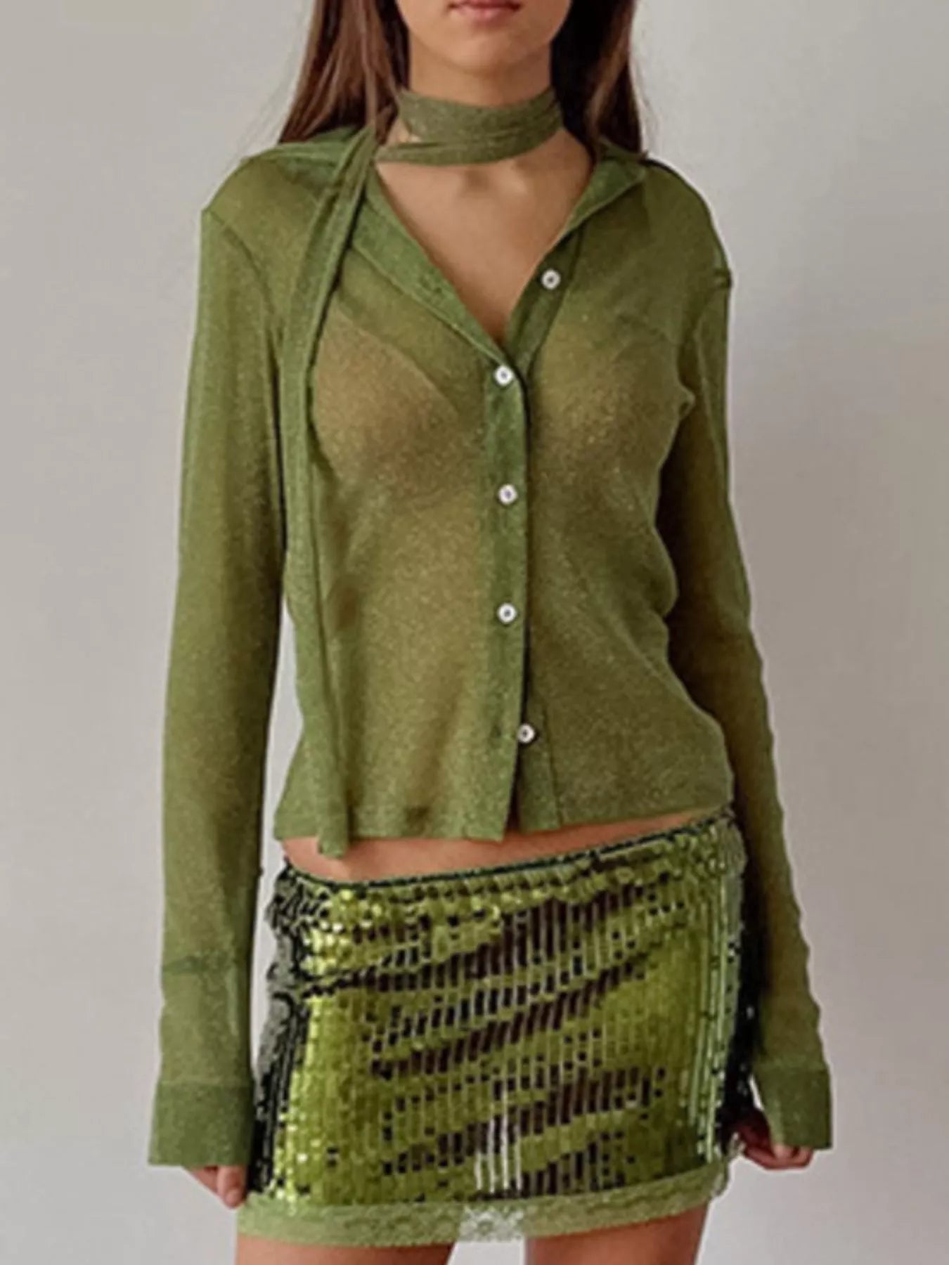 Button Down Long Sleeve Shirt with Scarf