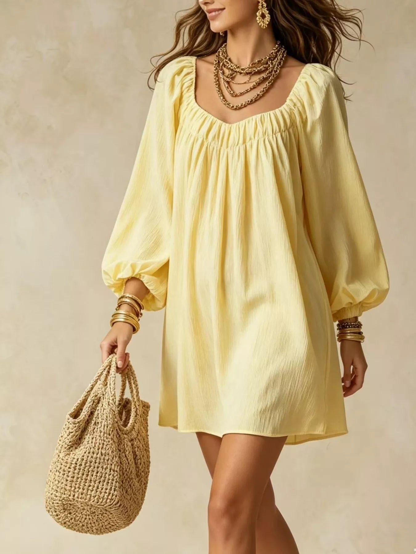 Flowy Balloon Sleeve Mini Dress