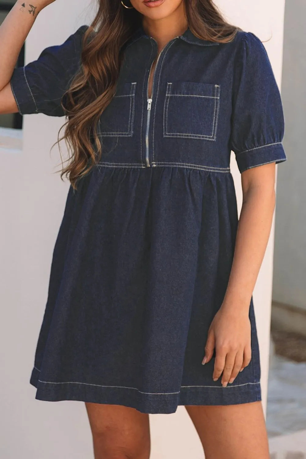 Collared Neck Half Zip Denim Dress