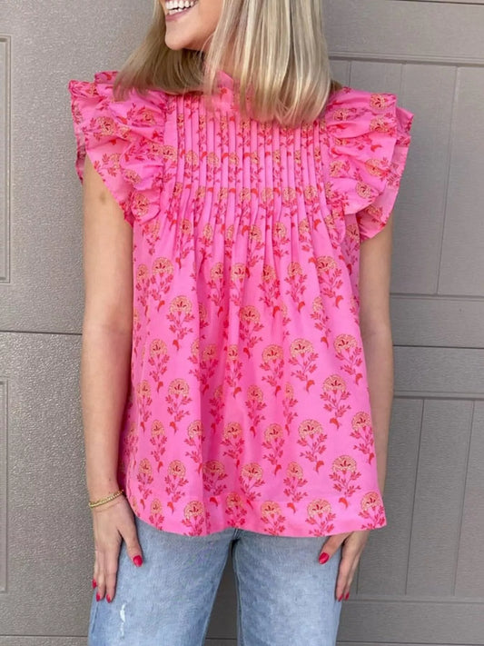 Floral Print Pleated Ruffled Flutter Sleeve Blouse