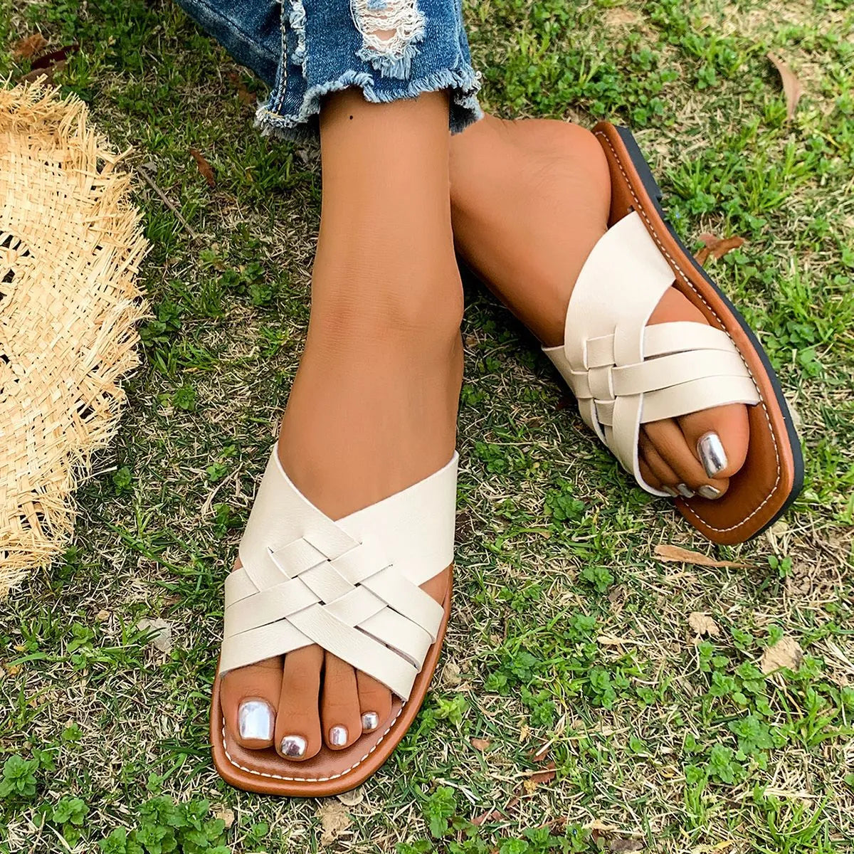 Woven Open Toe Flat Sandals