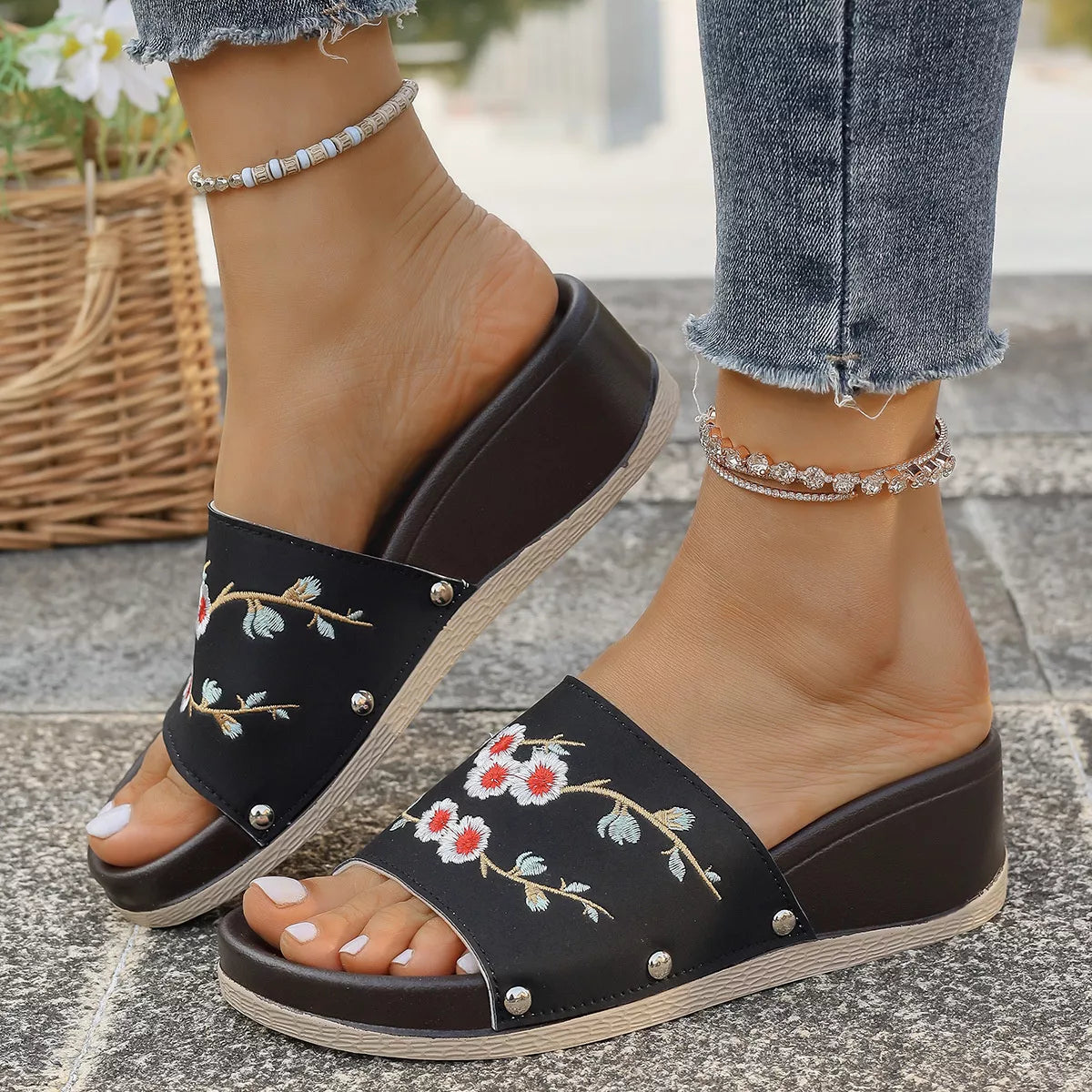 Floral Embroidered Wedge Sandals