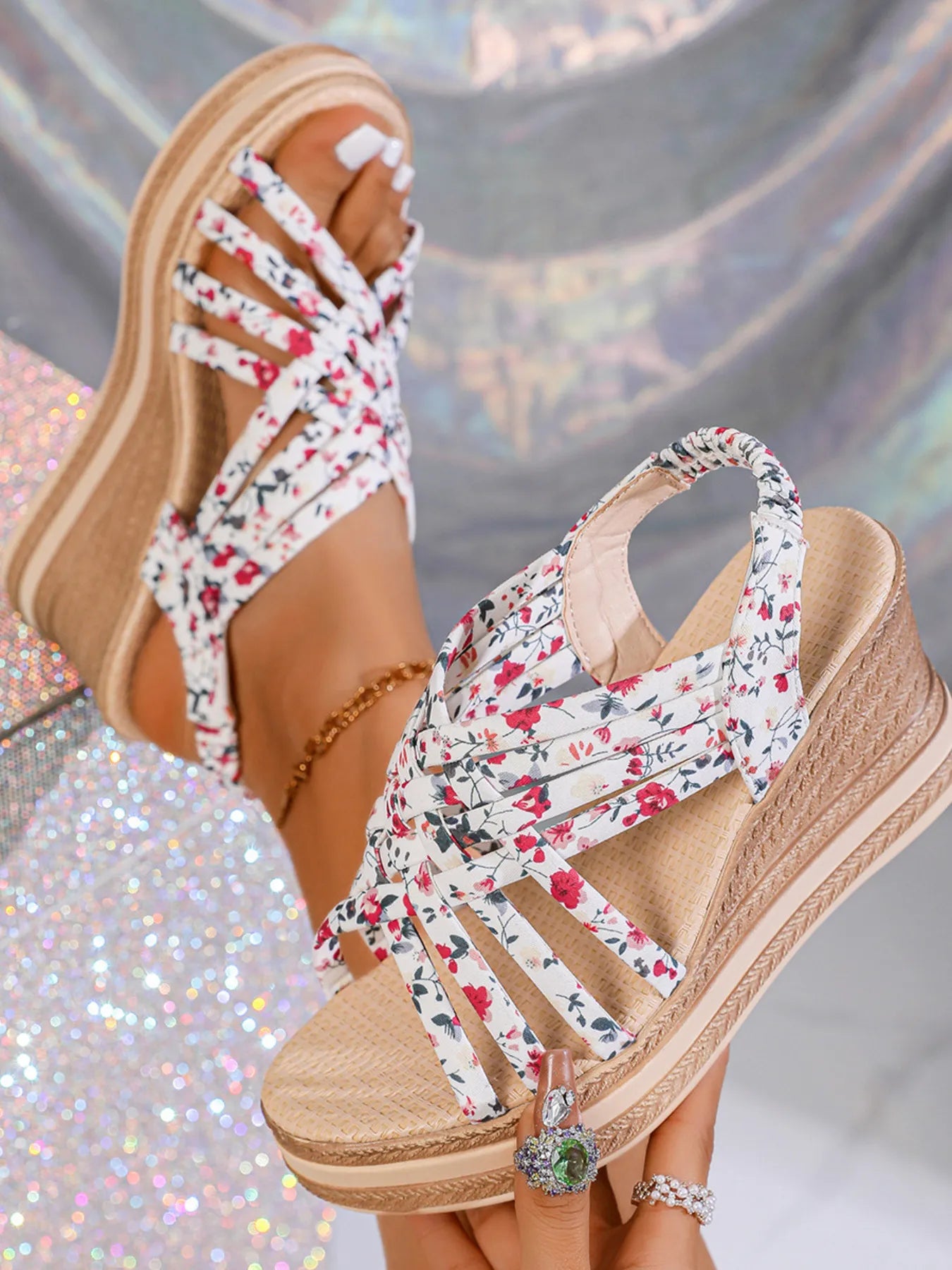 Open Toe Floral Print Strappy Platform Wedge Sandals