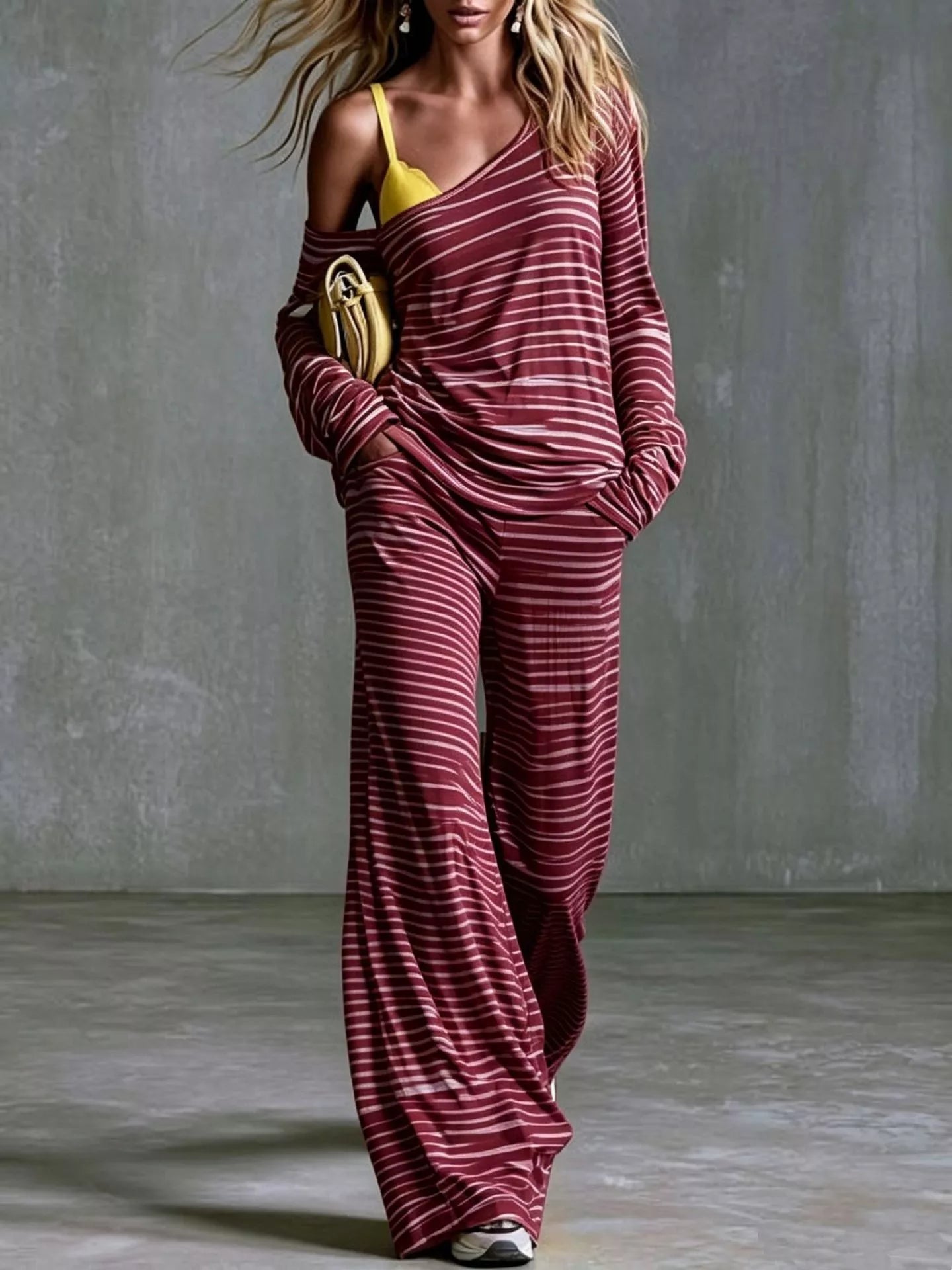 Full Size Striped One Shoulder Top and Pants Set Plus Size