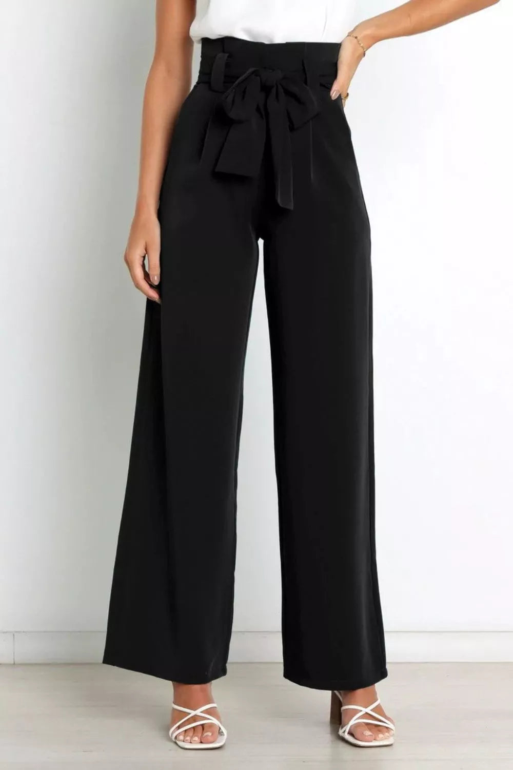 High Waist Tie Front Wide Leg Pants
