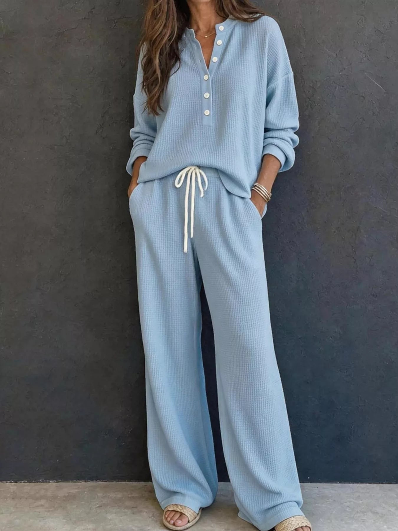 Waffle Knit Henley Top and Wide Leg Pants Set