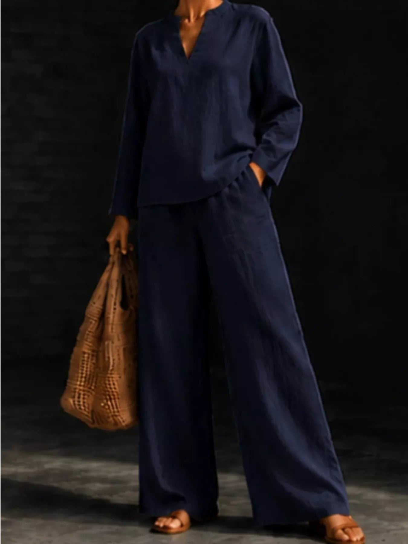 Notched Long Sleeve Top and Pants Set