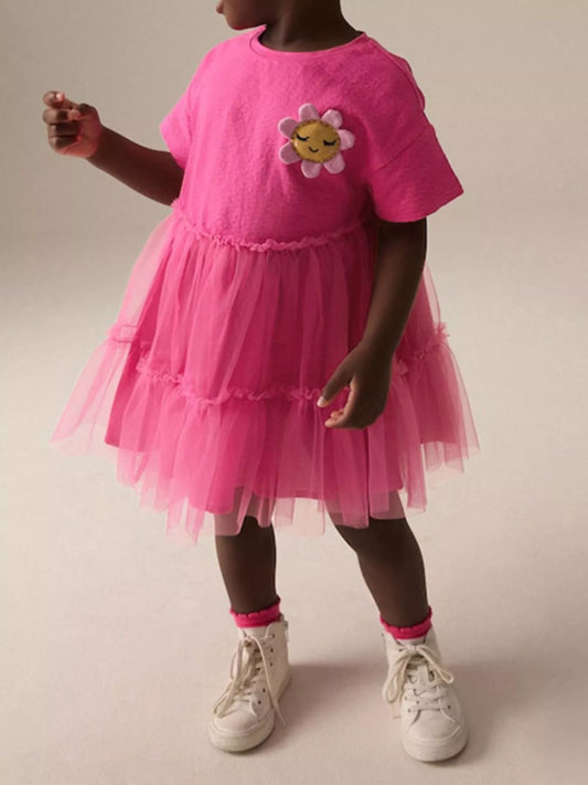 Children's Cute Flower Applique Tulle Layered Dress