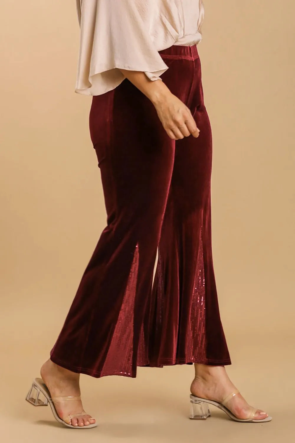 Umgee Full Size Sequin Elastic Waist Velvet Stretch Flare Leg Pants Plus Size