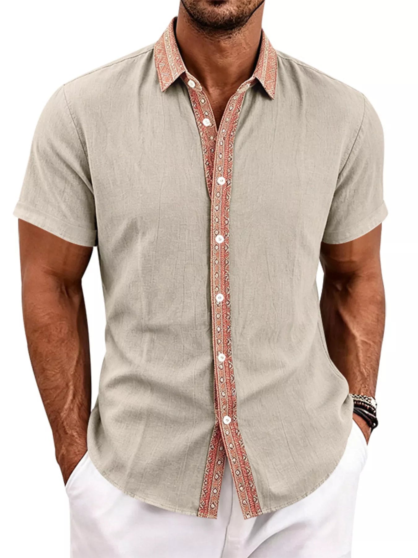Men's Full Size Casual Short Sleeve Linen Shirt Plus Size
