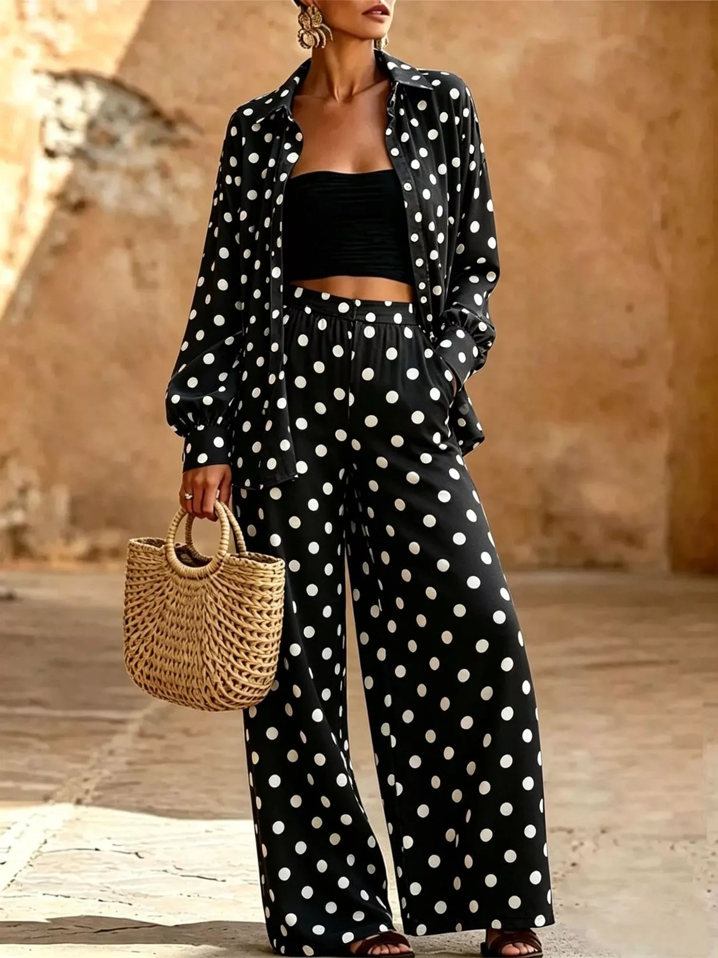 Full Size Polka Dot Shirt and Wide-Leg Pants Set Plus Size